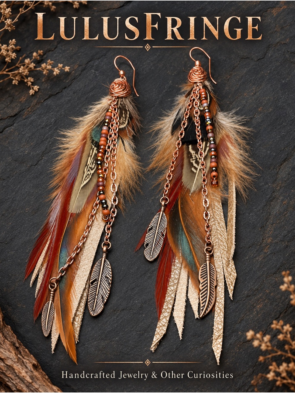Artisan Boho Feather Leather Dangle Earrings with Copper Detailing